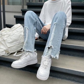 C316FF12P58 spring jeans ripped trousers washed light blue casual jeans men's pants