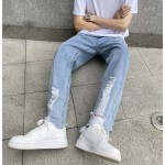 C316FF12P58 spring jeans ripped trousers washed light blue casual jeans men's pants