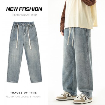 Q autumn and winter new semi-elastic string loose straight men's jeans American high street style