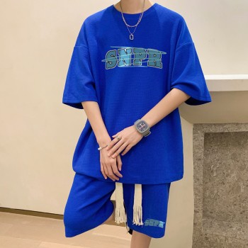 Suit! Waffle suit men's T-shirt shorts two-piece set large size Hong Kong style TZ65-P50