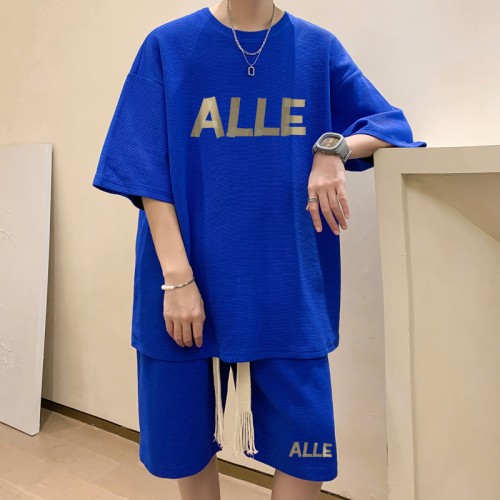 Suit! Waffle suit men's T-shirt shorts two-piece set large size Hong Kong style TZ67-P50