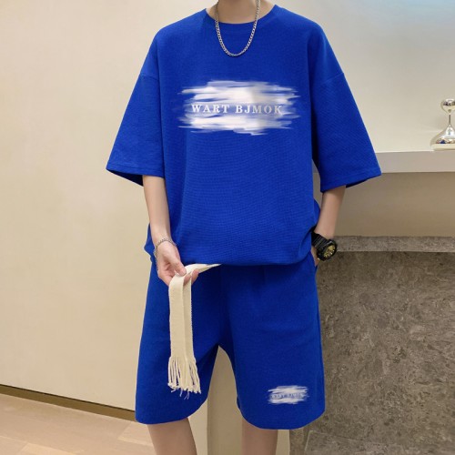 Suit! Waffle suit men's T-shirt shorts two-piece set large size Hong Kong style TZ63-P50