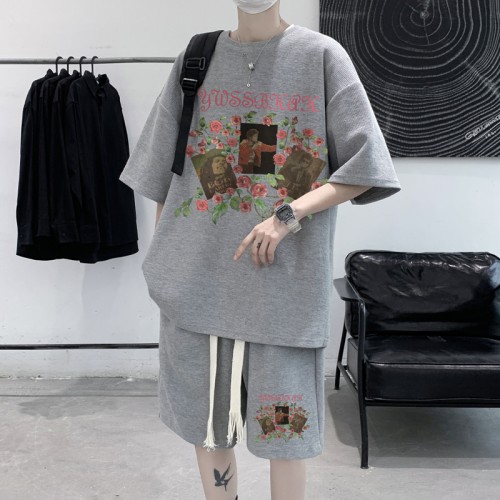 Suit! Summer waffle suit men's T-shirt shorts men's two-piece large size Hong Kong style TZ45-P50