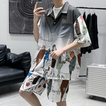 Summer Hong Kong style printed ice silk men's trendy youth loose suit DSA012A-TZ2009P70