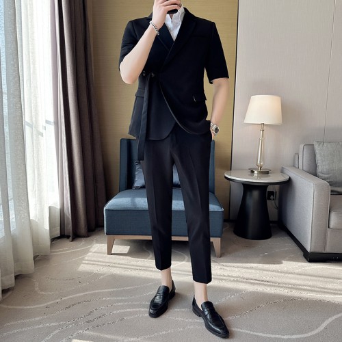 Spring solid color casual men's mid-sleeve diagonal button suit British fashion nine-point trousers suit LJT39-P200