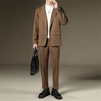 Autumn and winter new style plus velvet and thickened men's woolen coat suit three-piece high-end Hong Kong style men's two-piece trendy set